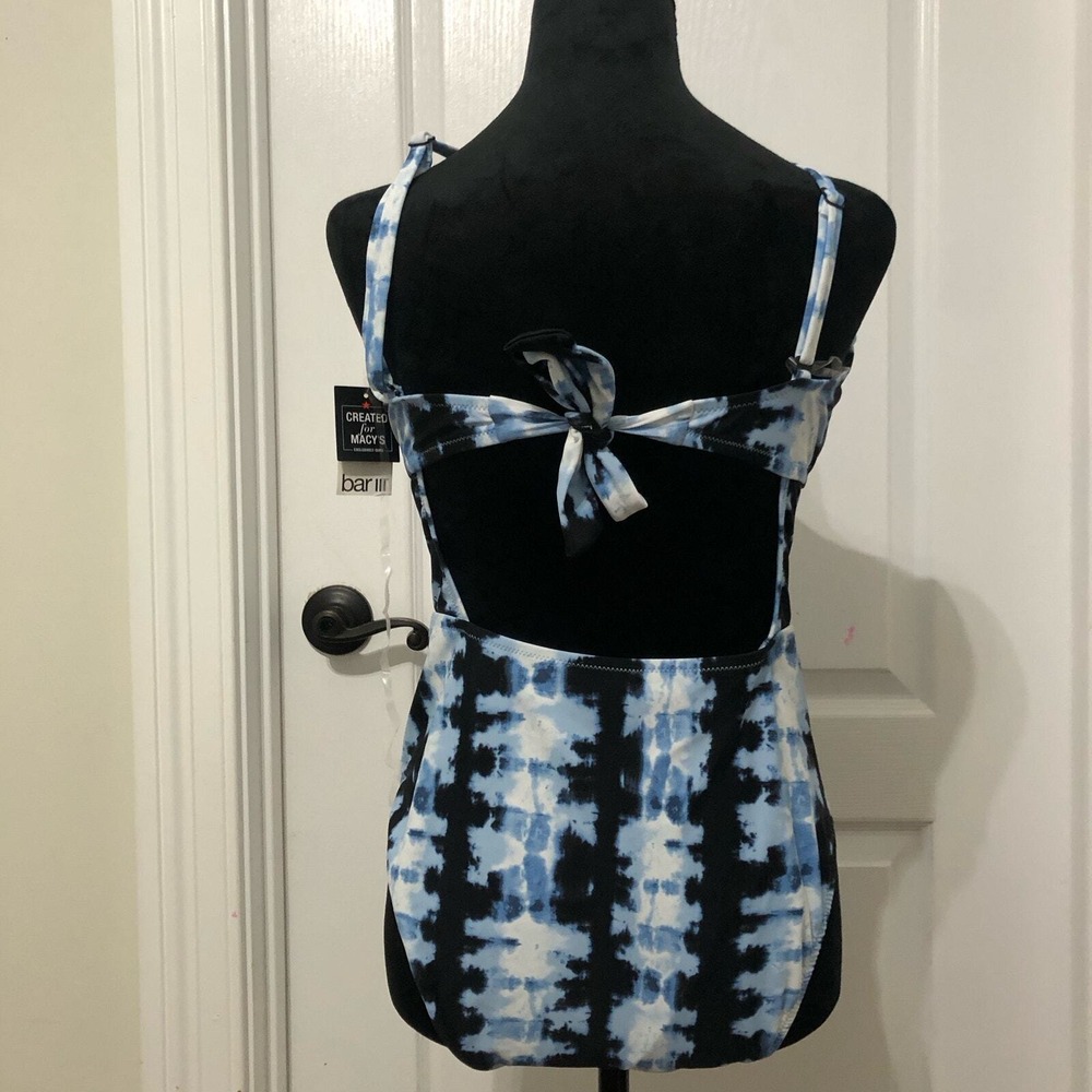 Bar III Shibori Chic One‎ Piece Swimsuit Blue Black Tie Dye Cutout MBSC23602 L - Picture 4 of 9
